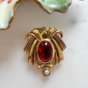 Vintage Gold Tone Art Deco Scarf Clip Ruby Red Cabochon Faux Pearl Accent